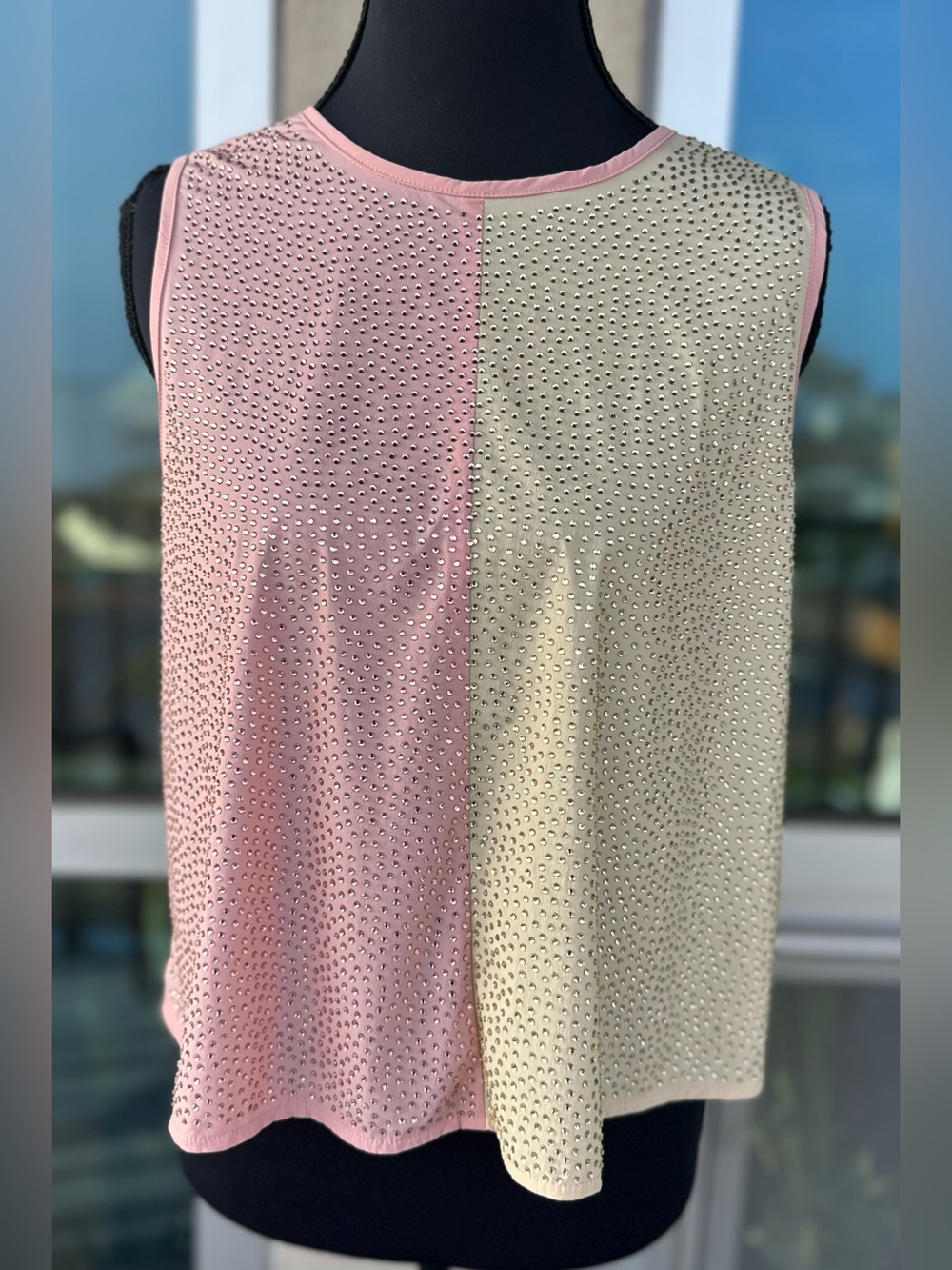 Queen of Sparkles Two Tone Rose and Beige Rhinestone Tank. Size XS